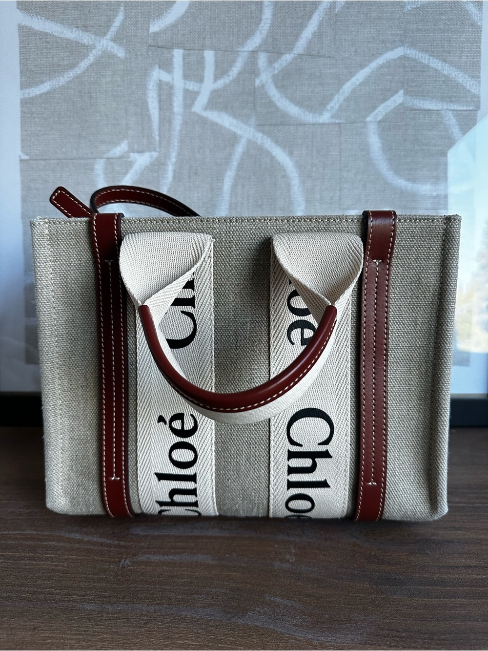 Chloé Woody Small Tote Bag White Brown w/ Strap Box Dust Bag